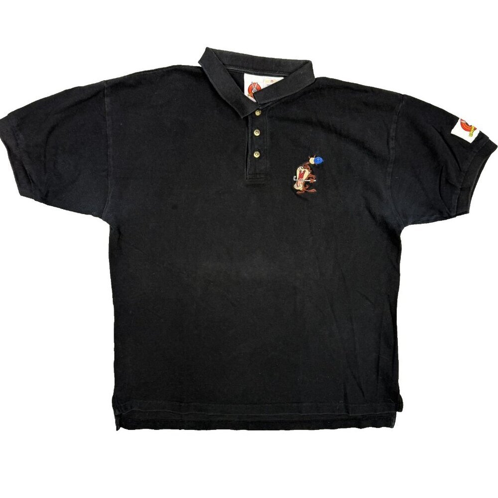 Vintage 1997 Looney Tunes Polo Shirt Cotton Black Short Sleeve XL